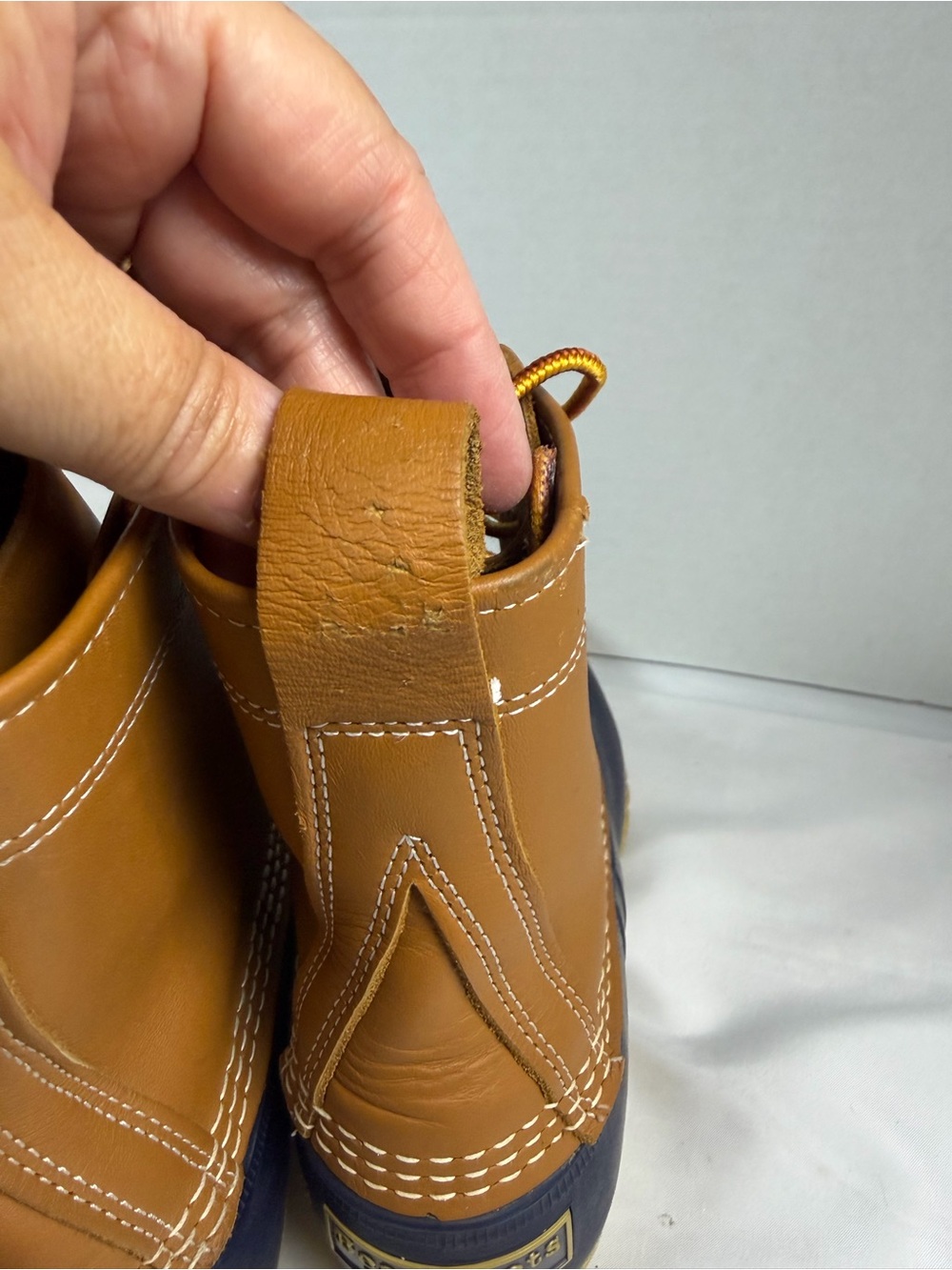 LL Bean Boots Tan Leather Navy Rubber Duck Boot Outdoors Size 9M See Note - Picture 3 of 11